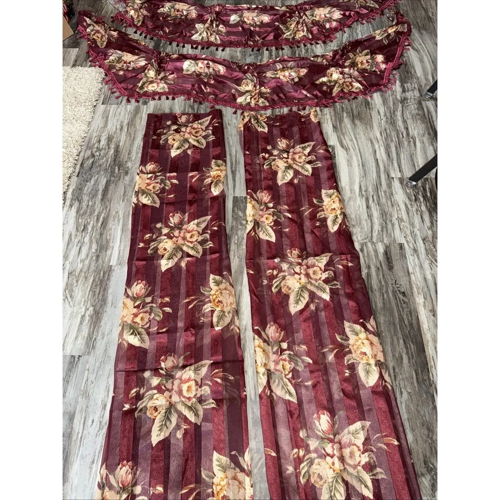 Vintage 4 Pc Set Burgundy Maroon Floral 2 Panel Curtains 2 Swags Valances Read